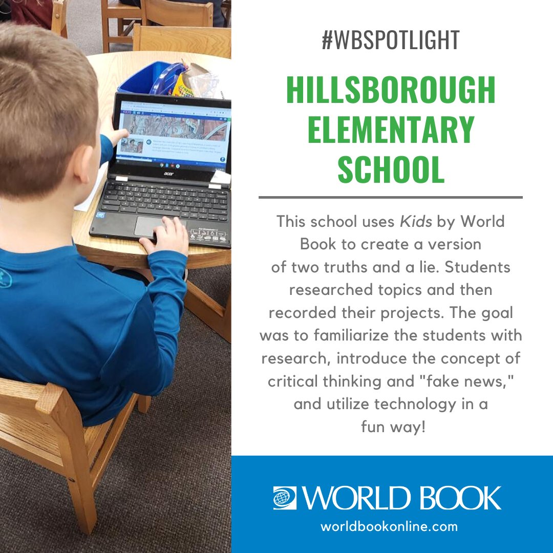 New! We will be highlighting a World Book customer every month to share different ways to use our products.
 
HES Media Specialist, Jessica Fox, shared with us how she uses World Book Online ​with her students! Thanks for all you do! Use the hashtag #WBSPOTLIGHT to be featured!
