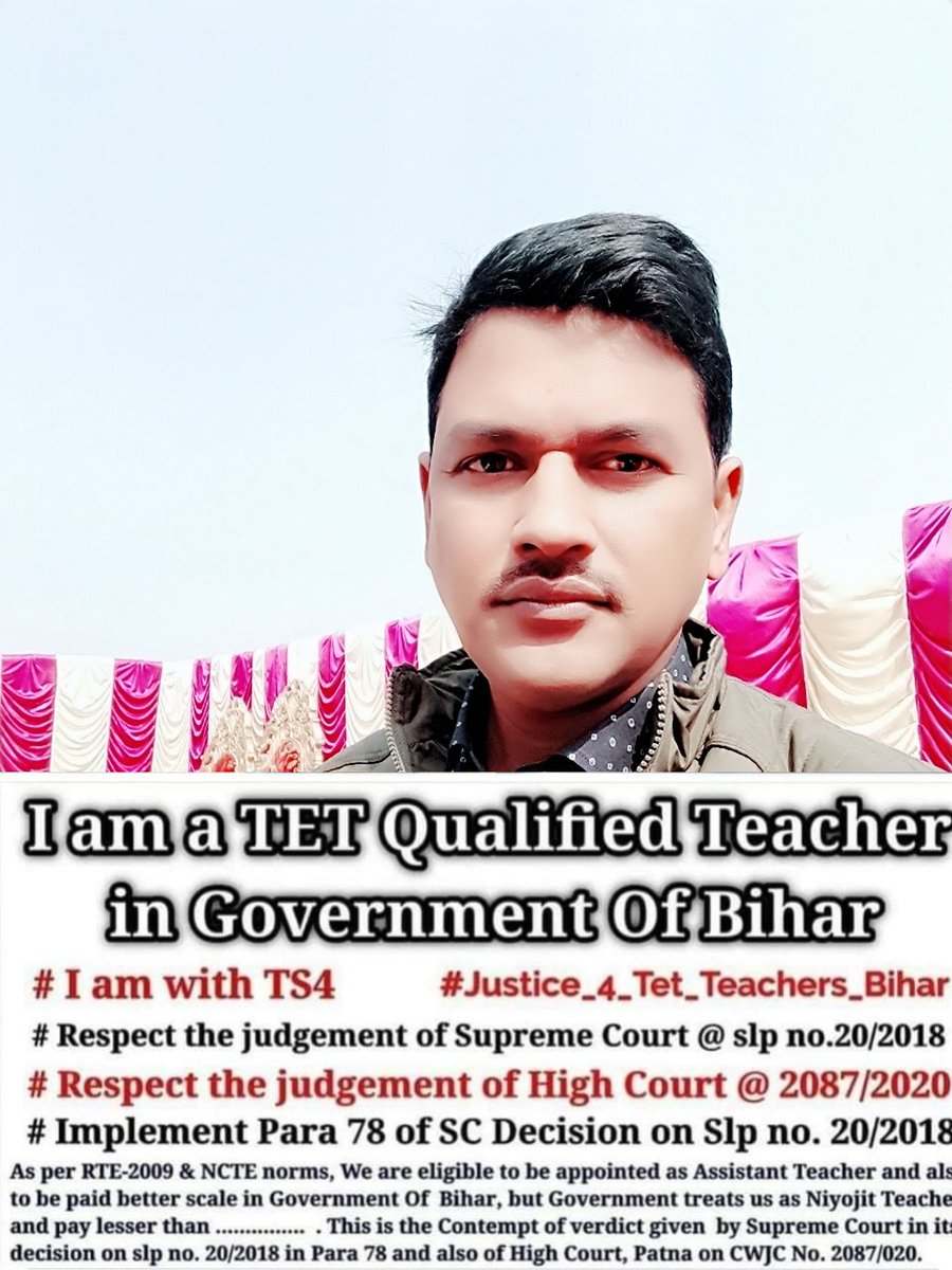 UDAYSINGH25511's tweet photo. I am a TET Qualified Teacher.I deserve to be appointed as a regular teacher.
#IamWithTS4 #RespectSCJudjement
#para78
#Justice4_TET_Teachers_Bihar
@NitishKumar @SushilModi @HRDMinistry @DrRPNishank @PMOIndia @JitanramMajhi @MisaBharti @madanmohan_jha @News18Bihar @KashishBihar https://t.co/GJpQIYl2f3