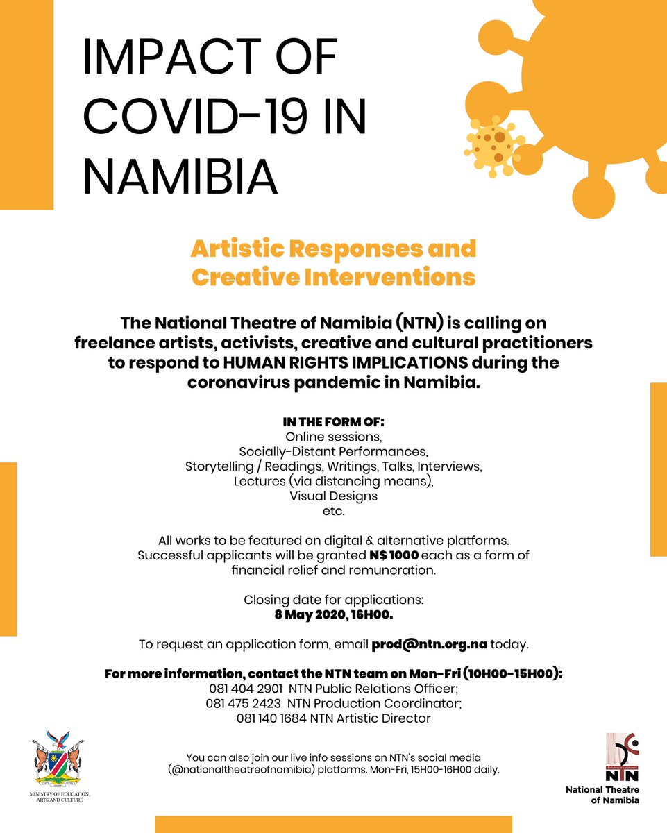 Closing date for application is Friday, 08 May 2020, 16H00.

To apply, request for application form on prod@ntn.org.na

#ntnnamibia #everyoneisaperformer #artisticresponses #covid19