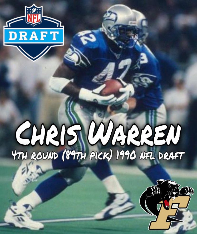 FerrumFootball's tweet photo. Flashback Friday in honor of NFL Draft. Ferrum’s Chris Warren was selected in the 4th round of 1990 draft. He went on to play 11 seasons in the league while earning numerous Pro Bowl and All Pro honors. #TraditionLikeNoOther #BlackHats #BAM @FerrumAthletics @SEA42HAWKS https://t.co/A2V8RSWW7X