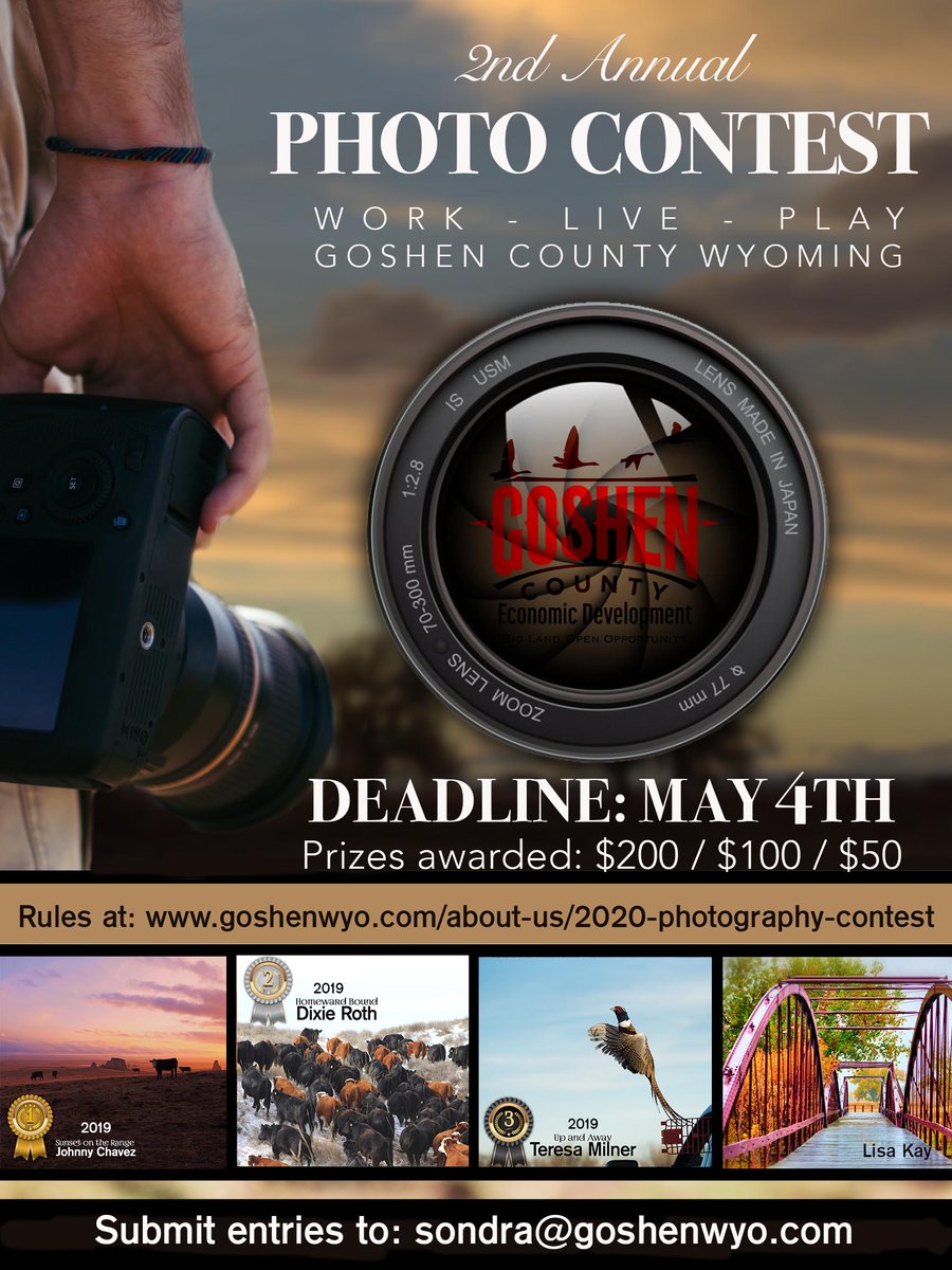 DevelopGoshenWY's tweet photo. 2nd Annual PHOTOGRAPHY CONTEST
Enter to show how you work, live, and play in Goshen County! 
DEADLINE: May 4th
Rules at: https://t.co/rKjTnmfJP2
submit entries: sondra@goshenwyo.com
#EDW2020 #LookingForwardGivingBack https://t.co/Q8D4nxZ8Go