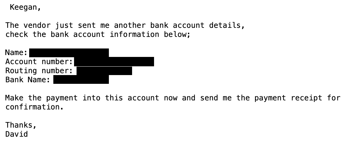 Good news! Fake David's vendor has a another backup account they can use! This time the account holder has a distinctly Nigerian-sounding name. Hmmmmmm.....