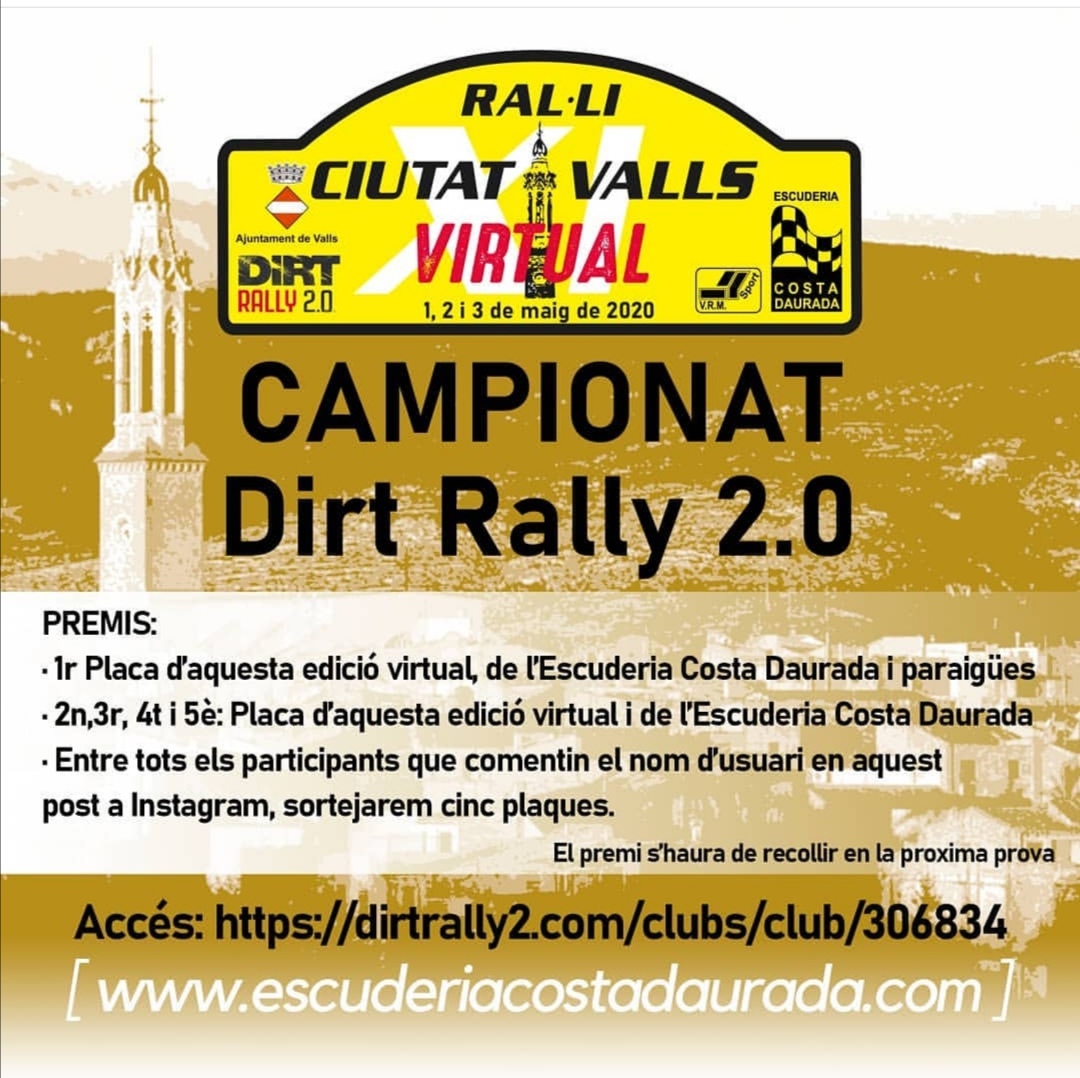 L'<a href="/EscCostaDaurada/">Esc. Costa Daurada</a> organitza un ral·li virtual, simulant l'11è. Ral·li Ciutat de Valls, posposat a causa de la Covid-19.

La prova estarà oberta a tothom des de les 19:00h. de l'1 de maig al 3 de maig a la mateixa hora. 

+ info a escuderiacostadaurada.com

#FCA #cuidemnos