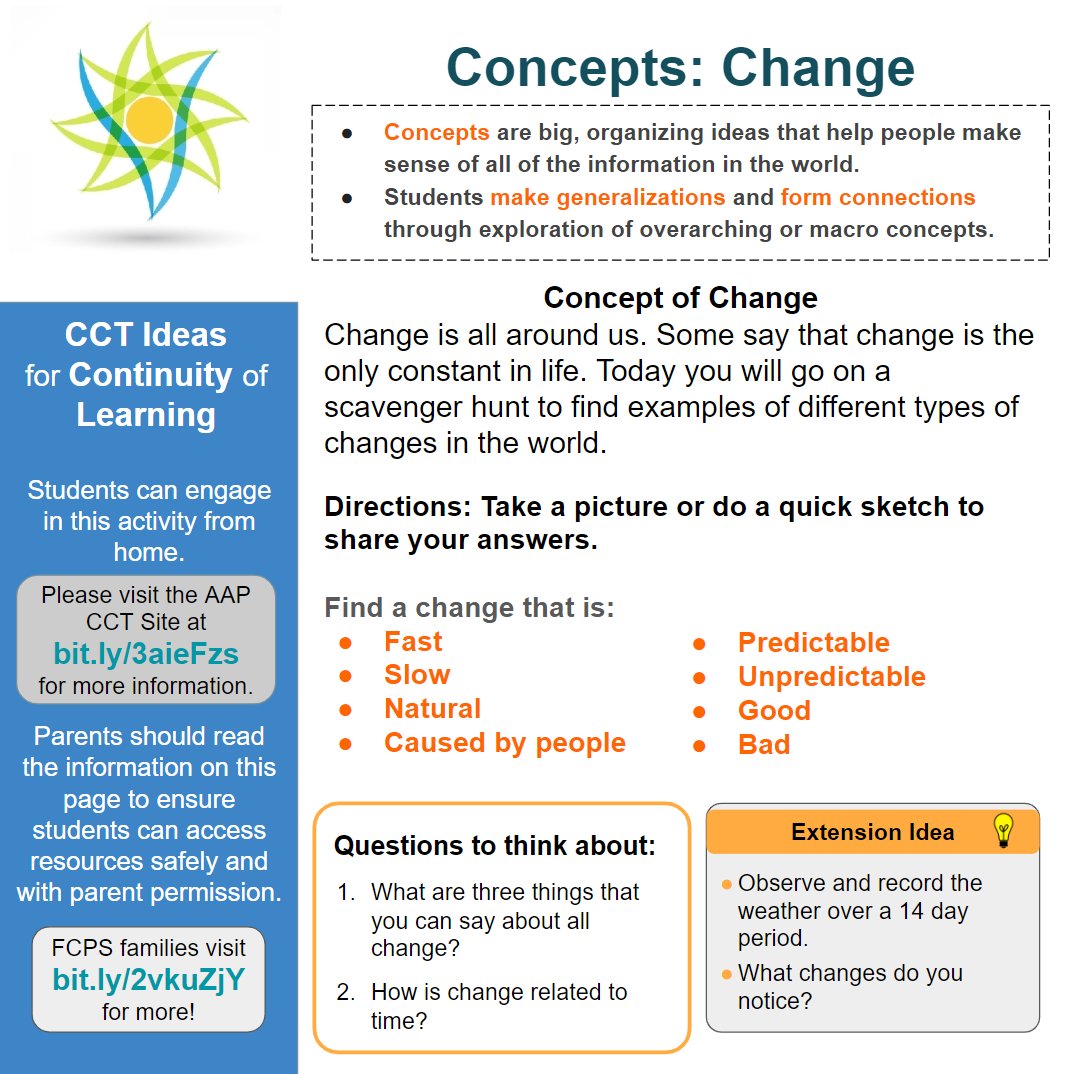 fcpsaap's tweet photo. No time like the present to explore the concept of change! So much has changed in our world in such a short time. What changes have you observed? Are they natural? Caused by people? Good? Bad? Share them with us @fcpsaap #CCTatHome https://t.co/zXJrgsSfp4