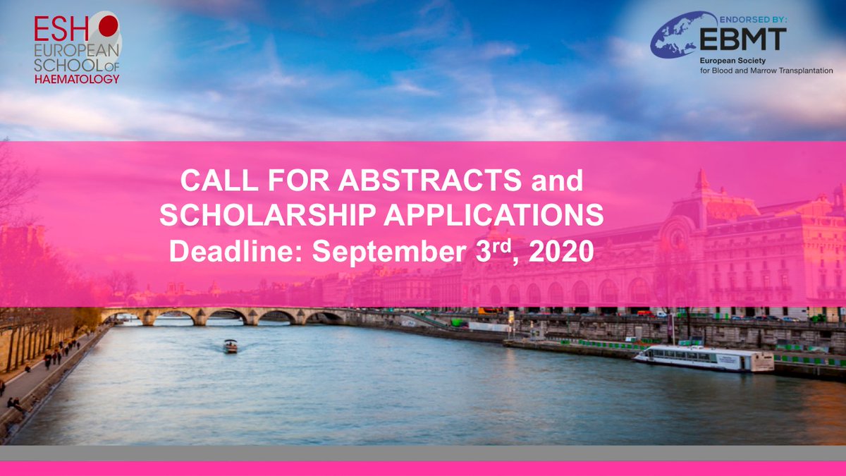 Call for Abstracts & Scholarship Applications: Translational Research Conference BONE MARROW FAILURE DISORDERS From the cell to the cure of the disease #ESHBMFD2020
Submit your abstract bit.ly/2S2TKcP
Information bit.ly/2So79MZ
Nov 13-15 2020
#ESHSCHOLARSHIPFUND