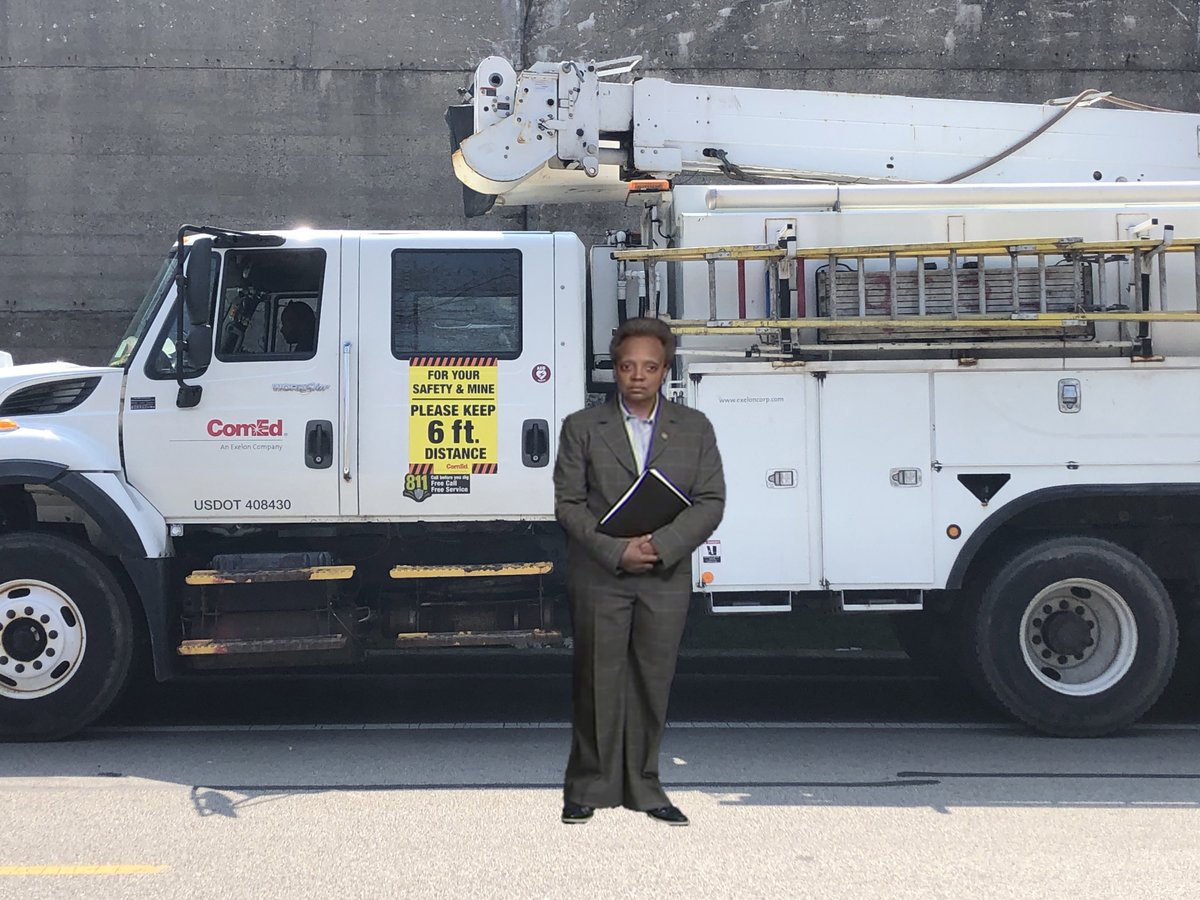 ComEd's tweet photo. Help keep our employees safe during the #COVID19 pandemic by staying at least 6 feet away from any workers in your neighborhood. Listen to @chicagosmayor and #StayHomeSaveLives! #LoriLightfoot https://t.co/WJXqMp2BSw