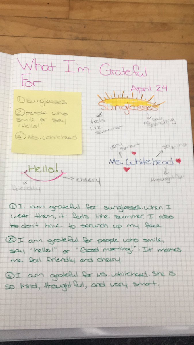 BrubacherMs's tweet photo. Gratitude Journal Day Nine. Shout out to Ms. Whitehead today. She's awesome! 🥰 https://t.co/KY5wzv3Osh
