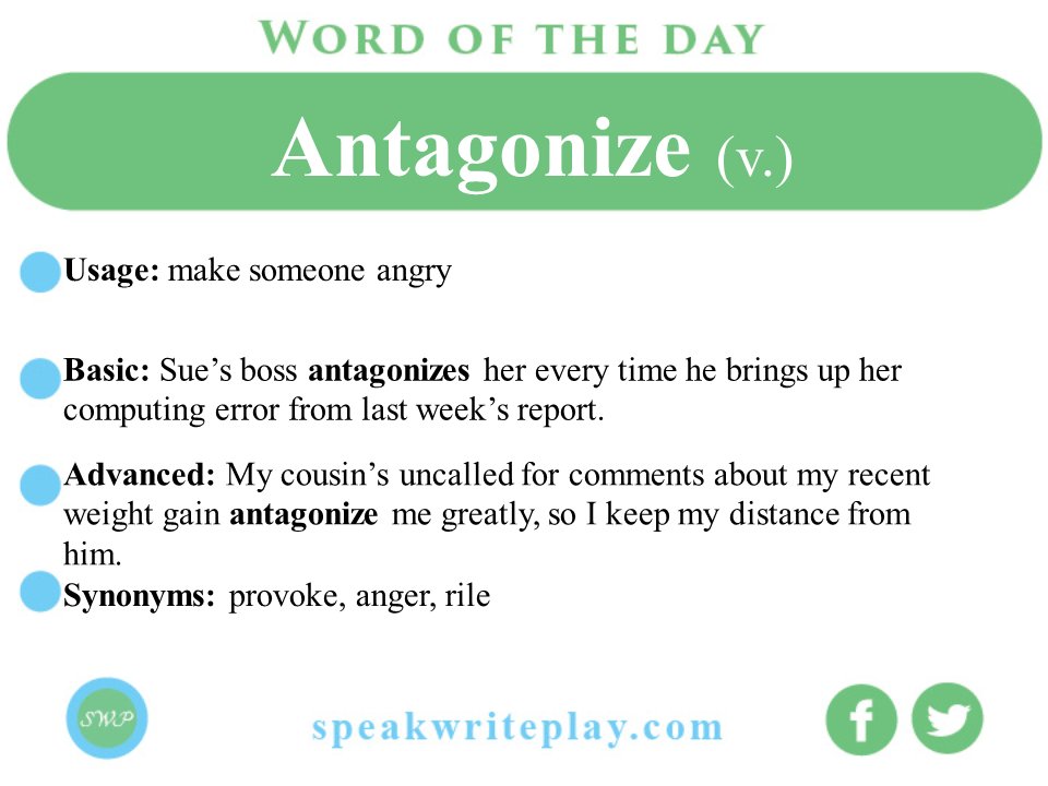 SpeakWritePlay's tweet photo. Kymani: Why do you insist on #antagonizing me?
#IELTS #SWPinEnglish #grammar #FridayWisdom #FridayMood #Englishteacher #English #ingles #ingilizce #vocabulary #FridayVibes #FridayThoughts #FunFactFriday #writing #flashbackFriday #learnEnglish #TOEFL https://t.co/u1SgZj2FNN