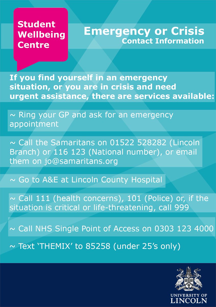 Here is a gentle reminder of emergency details if you or your friend find themselves in a crisis and need urgent help. Student Wellbeing will be open again from Monday.
 #StaySafe 

<a href="/samaritans/">Samaritans</a> <a href="/TheMixUK/">The Mix</a>