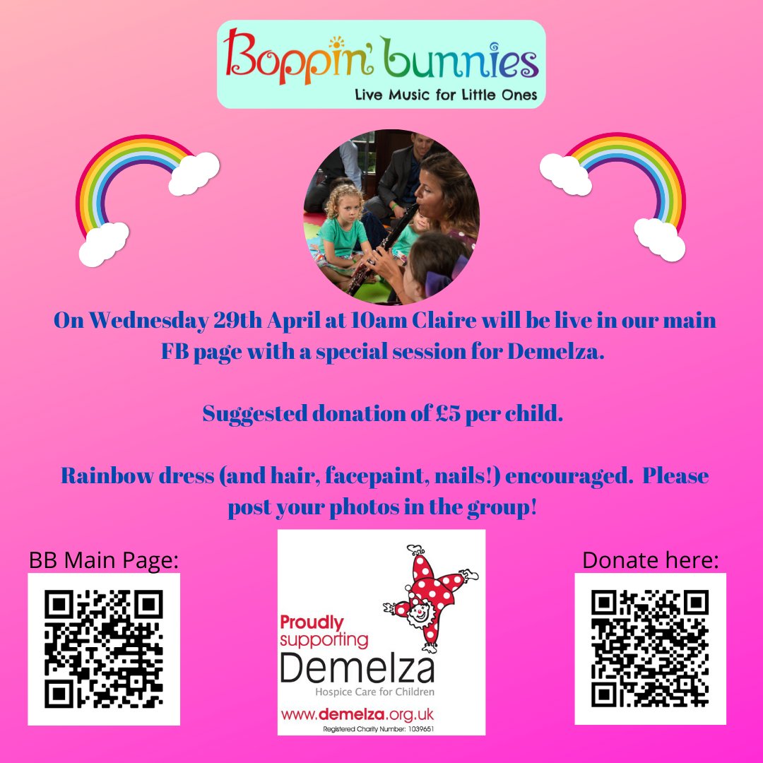 Claire will be hosting a very special Facebook Live for @demelzahospice in our group on Wednesday 29th April at 10am: facebook.com/Boppinbunnies

We are suggestion a donation of £5 per child through our justgiving page: justgiving.com/fundraising/bo…