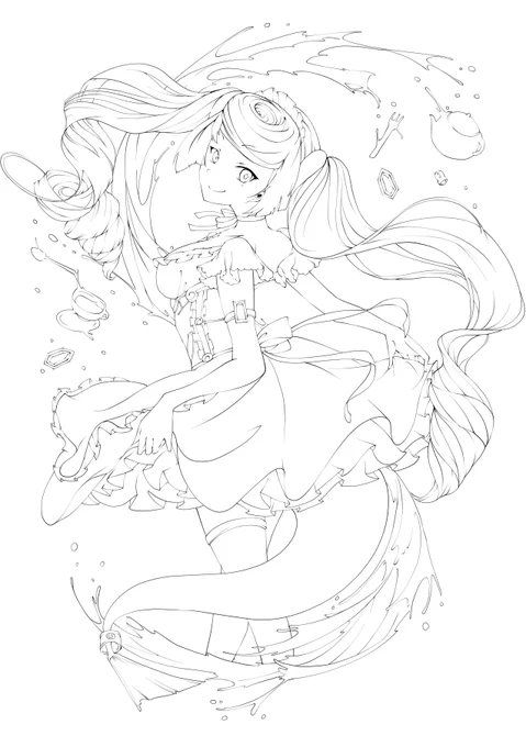 ほめていただいたのでさっきあげた絵の線画あげとく 