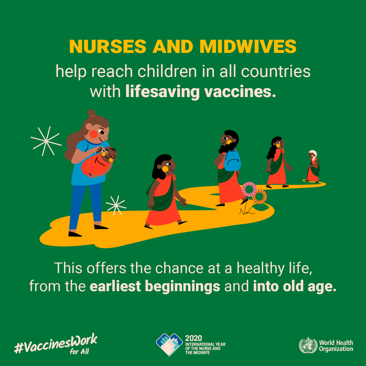 Nurses & midwives - every check-up is an opportunity to check in on vaccination for people of all ages: children, youth, adults and older people.  #VaccinesWork  #SupportNursesAndMidwives