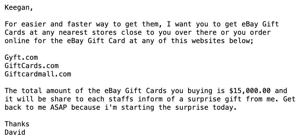 Wow, so many questions here! You'd think employees could use some Amazon gift cards, but nope, Fake David wants to get them eBay gift cards? Buy them from the actual eBay website? Nope, Fake David gives Keegan three completely random websites where she can find them. 