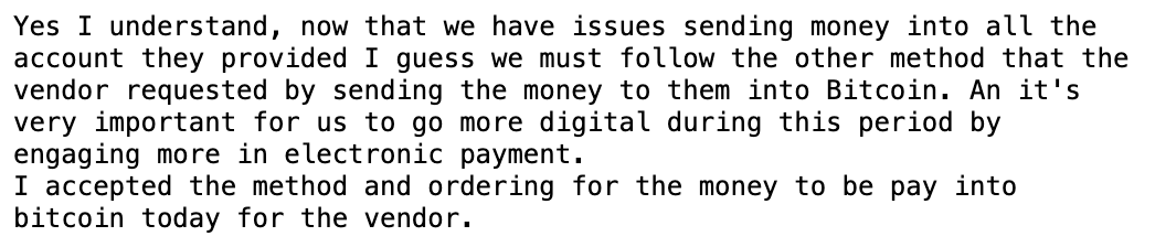 Fake David must be running low on mule accounts because he's back on the bitcoin train again! Nice touch saying it's "very important for us to go more digital during this period." Could have sworn a wire transfer was "digital," but .