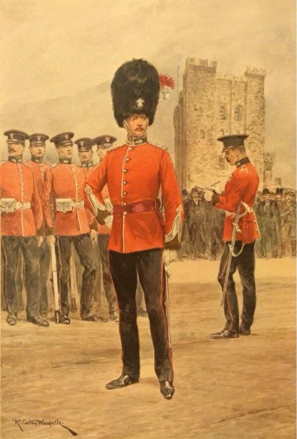 Painting from 1910 depicting men of the Northumberland Fusiliers parading outside the Keep in Newcastle.