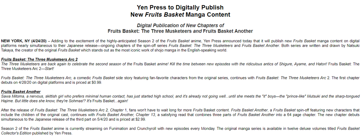 Theoasg On Twitter Yen Press Has Announced They Will Simultaneously Publish Ongoing Chapters Of Natsuki Takaya S Spin Off Series Fruits Basket The Three Musketeers Arc 2 Starting April 28 Fruits Basket