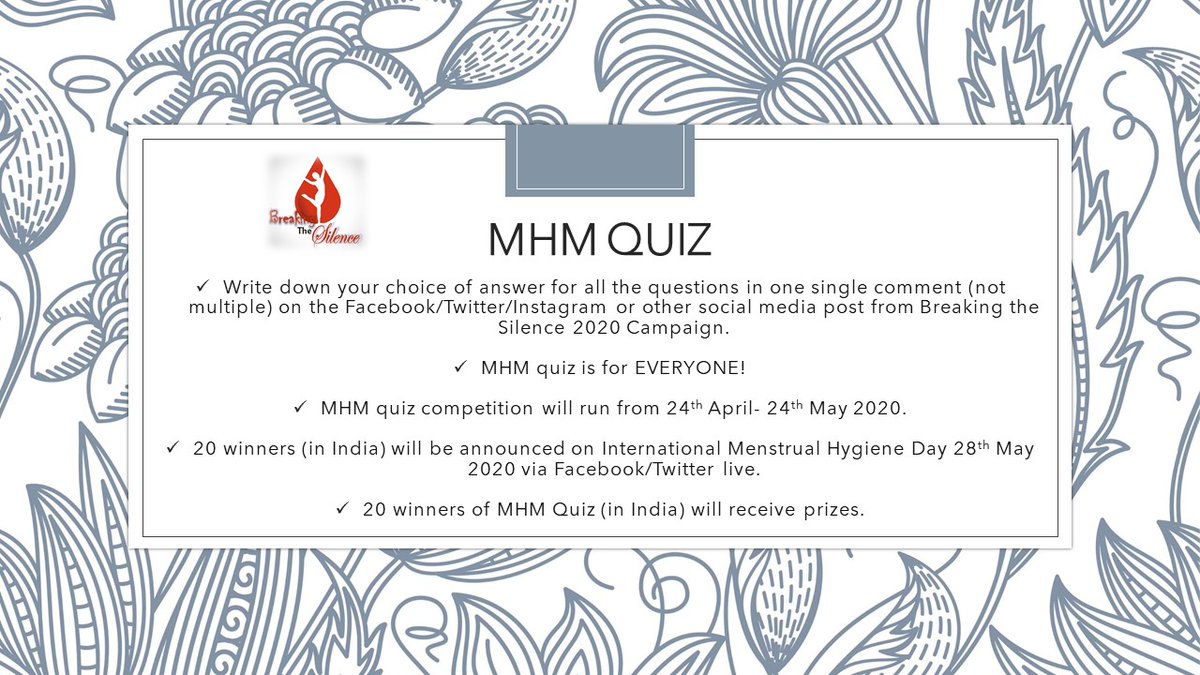 Urmila92531581's tweet photo. Take a quick 10 point test fm #breakingthesilence 2020 #Campaign on how well versed you are on menstruation Write down your choice of answers in one single comment. 20 winners & prizes will be announced on #InternationalMenstrualHygieneDay @MHDay28May
@WASHUnited #periodmatter https://t.co/va8XVo4tLG