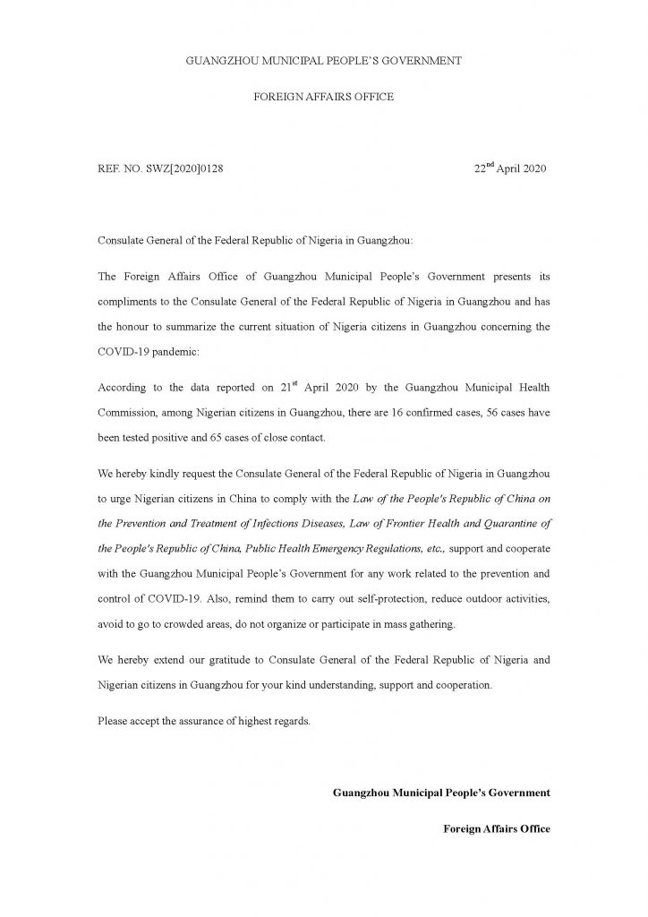 MobilePunch's tweet photo. [PHOTOS] China to FG in diplomatic letter: 72 Nigerians tested positive in Guangzhou https://t.co/ynrpBoRkqf