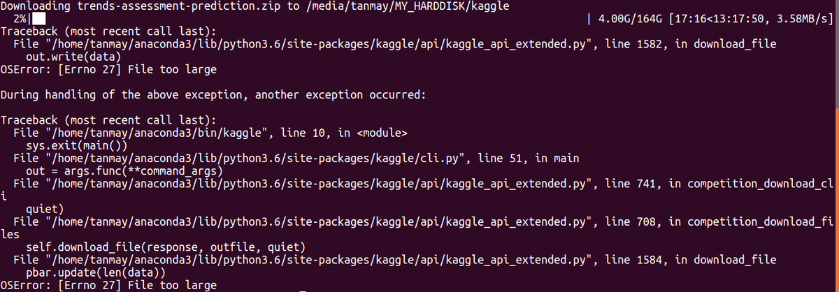 meet10may's tweet photo. @DeepFusionAce @mmisiura123 @uk_biobank @IEEEsps @OHBM @kaggle Thanks for the great initiative. I am having issues with downloading the dataset.Using Kaggle API gives me "OSError: [Errno 27] File too large" after downloading 2% of the dataset while using "download all" from https://t.co/N1eSWappVQ also fails. Any suggestions/help? thanks https://t.co/ZV9W5gQOX1