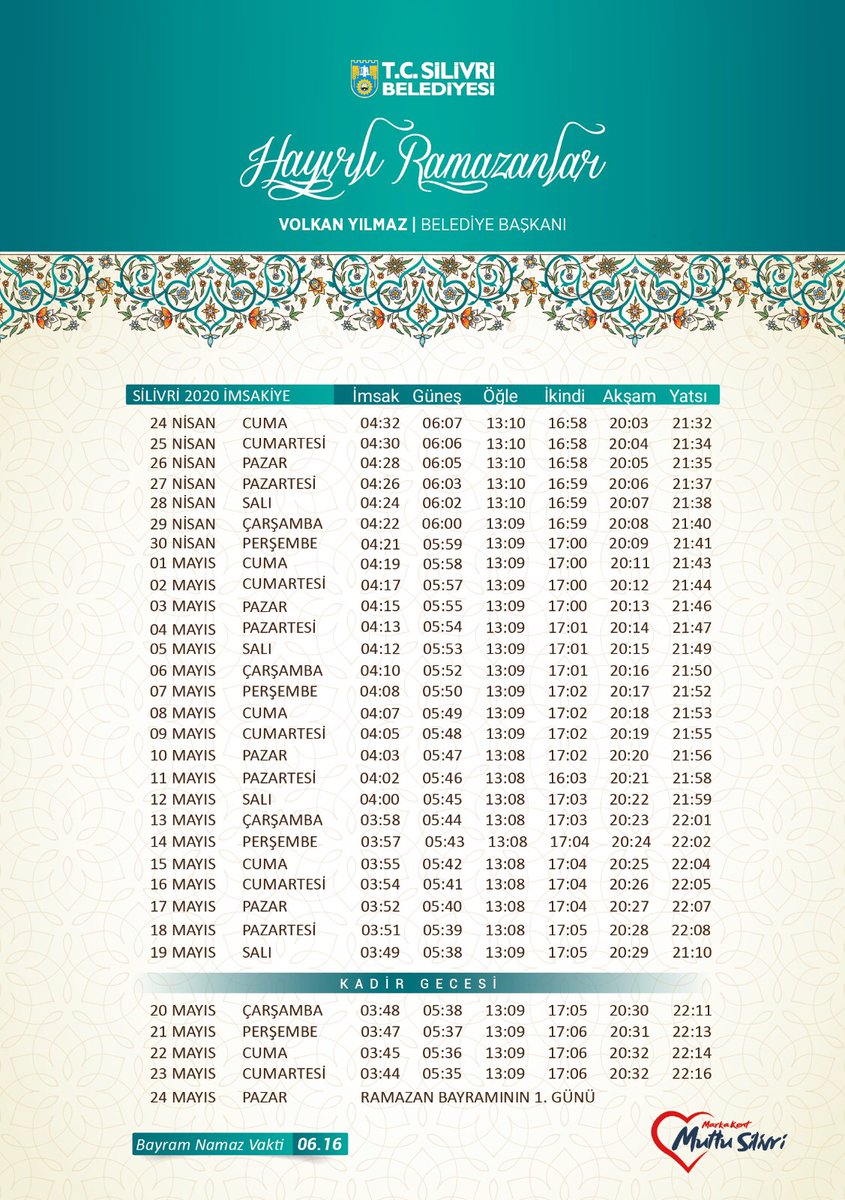 T C Silivri Belediyesi On Twitter 24 Nisan Cuma Silivri Icin Iftarsaati 20 03 Hayirli Ramazanlar Hayirli Iftarlar Dileriz Https T Co Yn9mhnzt0k Twitter