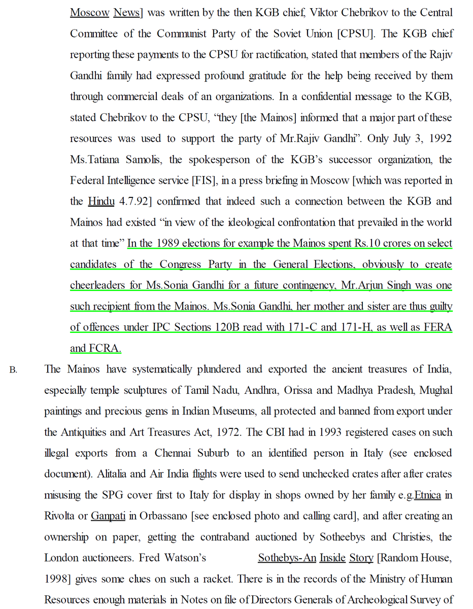 1989 के चुनावों में, मैनो परिवार ने  #AntoniaMaino के लिए चीयरलीडर्स बनाने के लिए  @INCIndia के चुनिंदा उम्मीदवारों पर करीब 10 करोड़ रुपये खर्च किए। सोनिया जी की माँ, बहन और वो स्वयं आईपीसी धारा 120 बी (+ 171 सी और 171 एच) के साथ-साथ फेरा और एफसीआरए के तहत अपराधों की दोषी हैं।