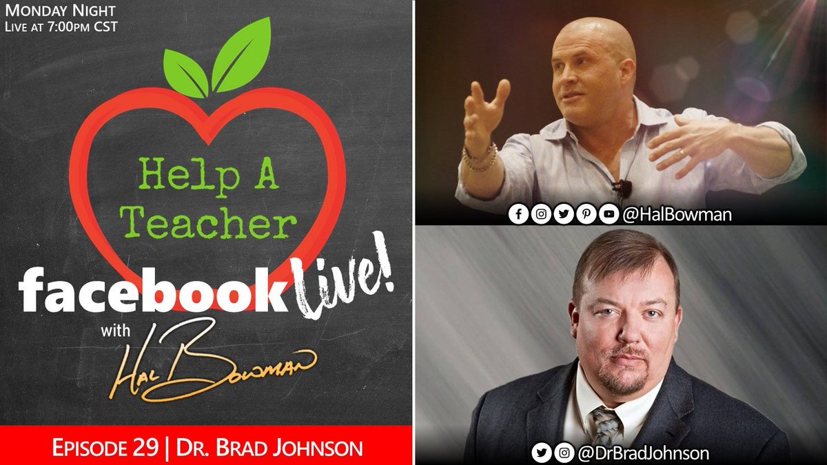halbowman's tweet photo. I'll be LIVE on the @HelpATeacher Facebook page Monday night at 7pm CST with @DrBradJohnson! Be sure to join us!!
#TeachLikeARockStar #BeTheOne #CampusCultureRevolution #ChangeAKidsLife #LetsDoThis https://t.co/yw4HJeBVPG