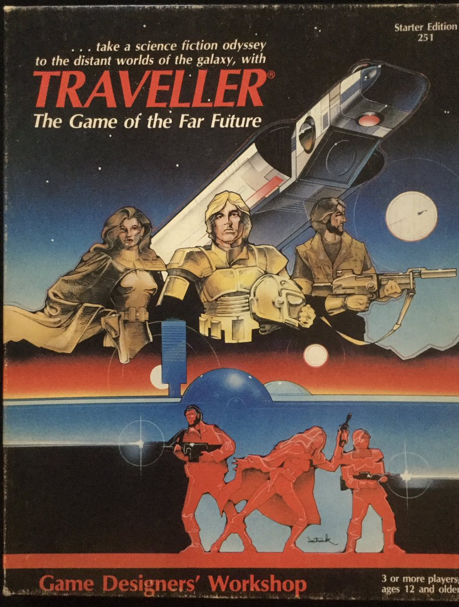 Buckle up, it’s a long one! Today’s game is the Traveller RPG from GDW, originally released in 1977, though the (rather good) Starter Edition pictured here is from 1983. Traveller is the granddaddy of scifi RPGs.  #CuratedQuarantine