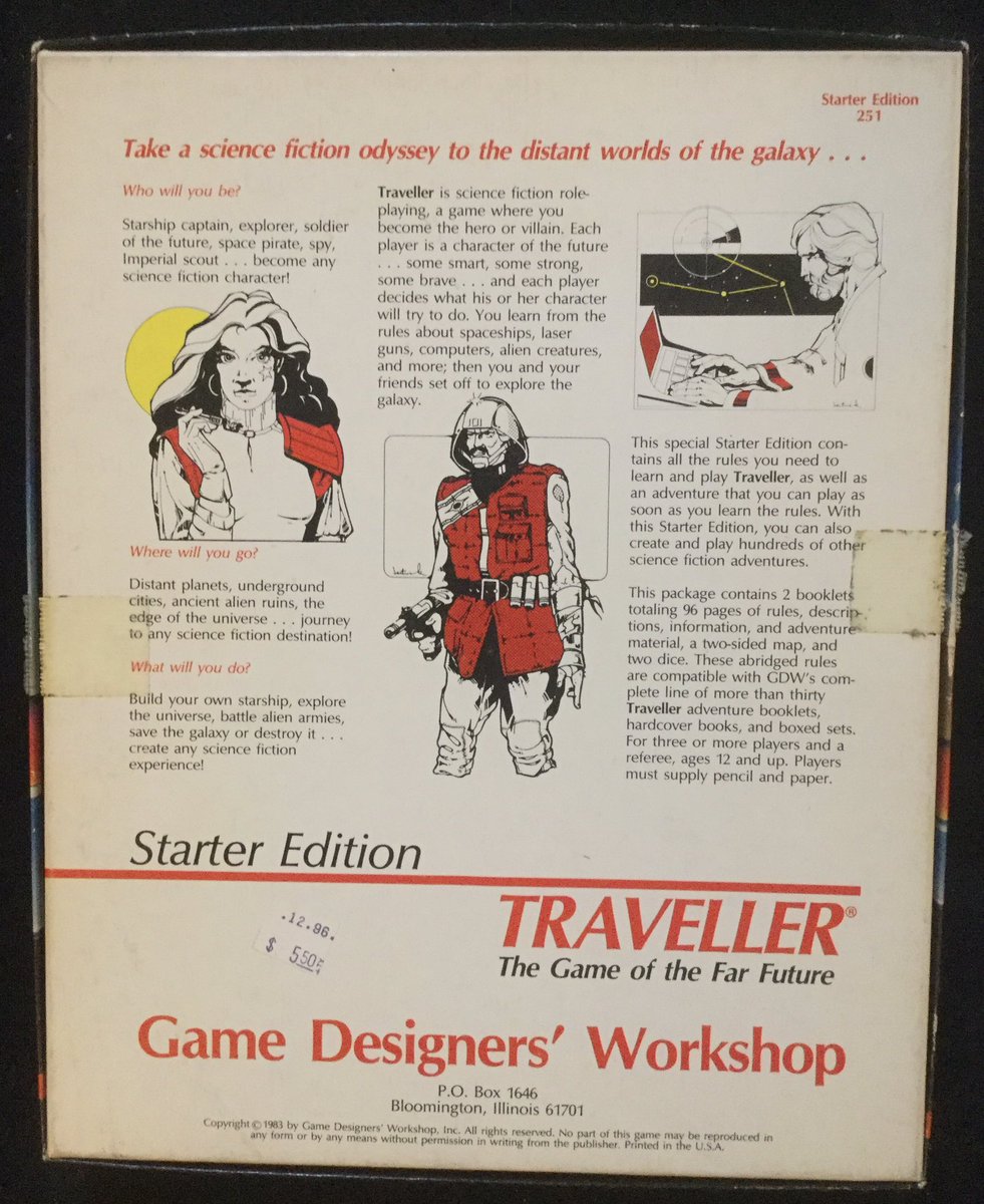 Buckle up, it’s a long one! Today’s game is the Traveller RPG from GDW, originally released in 1977, though the (rather good) Starter Edition pictured here is from 1983. Traveller is the granddaddy of scifi RPGs.  #CuratedQuarantine