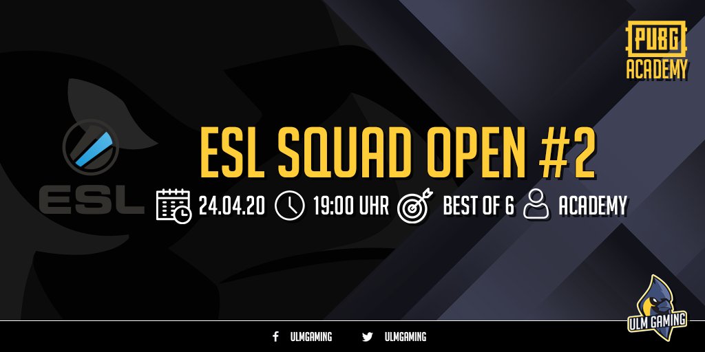 Heute ist unser Academy Team wieder voll im Einsatz!

Gecastet wird das ganze auf:
twitch.tv/zuluxxmann 
<a href="/zuluXxman/">zuluxxman</a>

#UlmGaming #UlmerSpatzen #PUBG #ESL #Esport