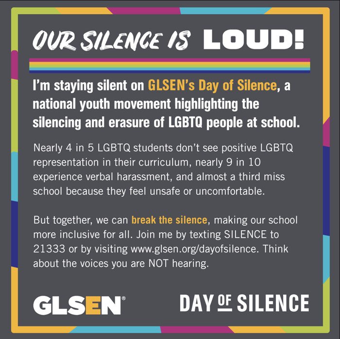 MpowerStL's tweet photo. Today is officially the 25th Annual GLSEN’s Day of Silence: a national student-led demonstration where LGBTQ students and allies all around the world—take a vow of silence to protest the harmful effects of harassment and discrimination of LGBTQ people in schools. #DayOfSilence https://t.co/zPT1fdC8zg