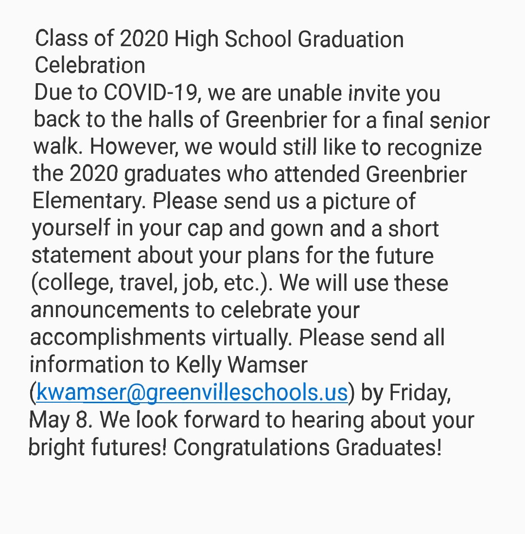 GreenbrierElem1's tweet photo. Attention High School Class of 2020: Did you attend Greenbrier Elementary? Yes, then this tweet is for you ❤ #lovescschools #gcs #wearegreenbrier @gcschools https://t.co/jBaNJnMxGN