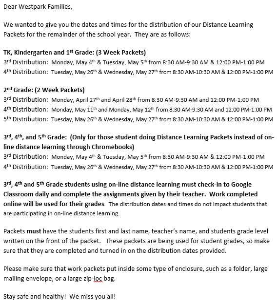 wes_elementary's tweet photo. Westpark Distance Learning Packet distribution information for the remainder of the school year. https://t.co/rY3sONLc5s