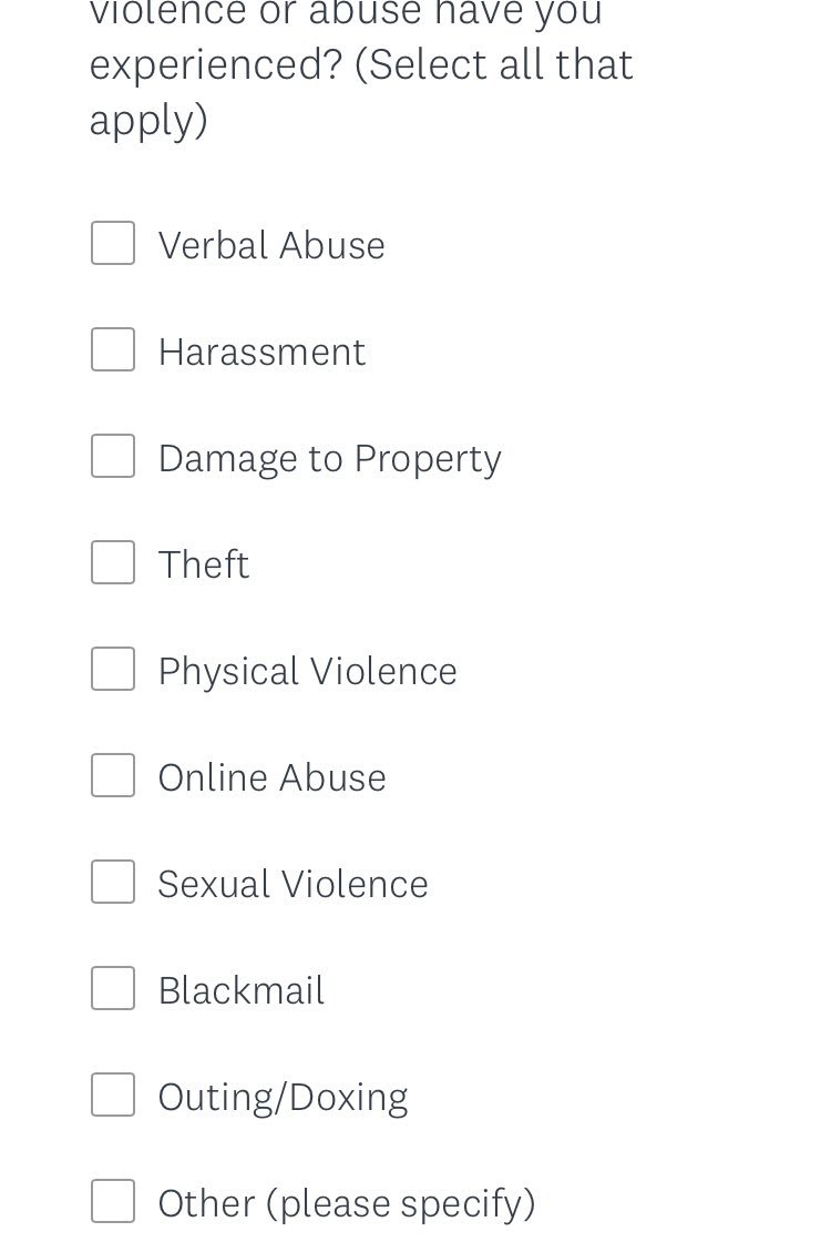 The survey does go on to discriminate between types of abuse but the same problem remains! What is ‘verbal abuse’ or ‘harassment’ here? Is ‘I don’t think a man can change sex’?