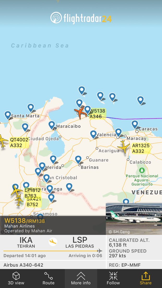 2)IRGC-affiliated Mahan Air’s (terrorist-designated) has direct flights between Iran and Venezuela.a. Flight W5138 from Tehran to Las Piedras https://fr24.com/IRM138/24652405 b. another Mahan Air Airbus A340-600 from Iran to Venezuela