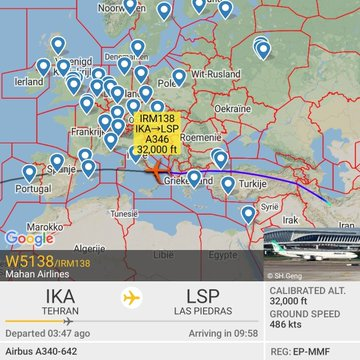 2)IRGC-affiliated Mahan Air’s (terrorist-designated) has direct flights between Iran and Venezuela.a. Flight W5138 from Tehran to Las Piedras https://fr24.com/IRM138/24652405 b. another Mahan Air Airbus A340-600 from Iran to Venezuela