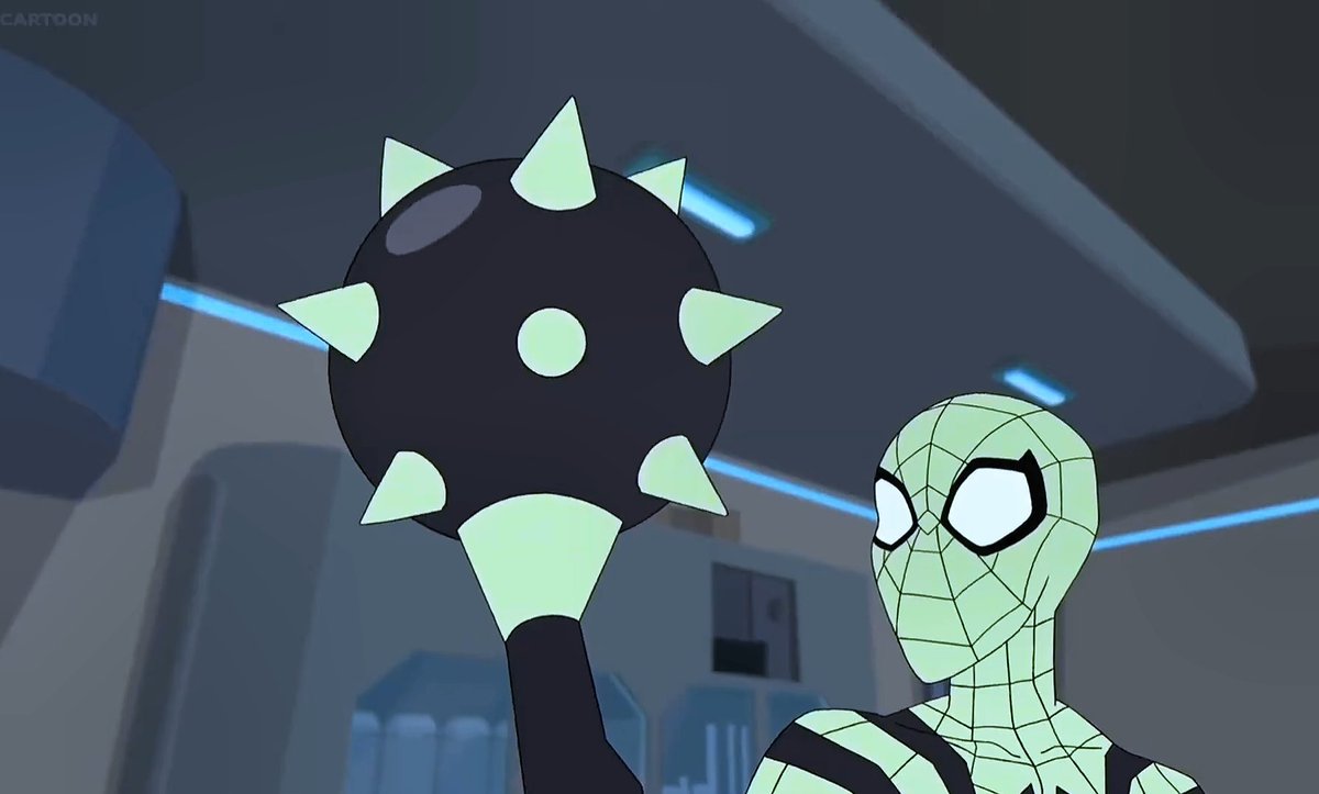 今のアイコンにしてるシンビオートスパイダーマン(ヴェノミーズドスパイダーマンとも呼ぶらしい)、最初は腕モーニングスター(2枚目)にしようと思ってたんだけど、サイズの方が描きやすかった🙌  シールドも好き🥰