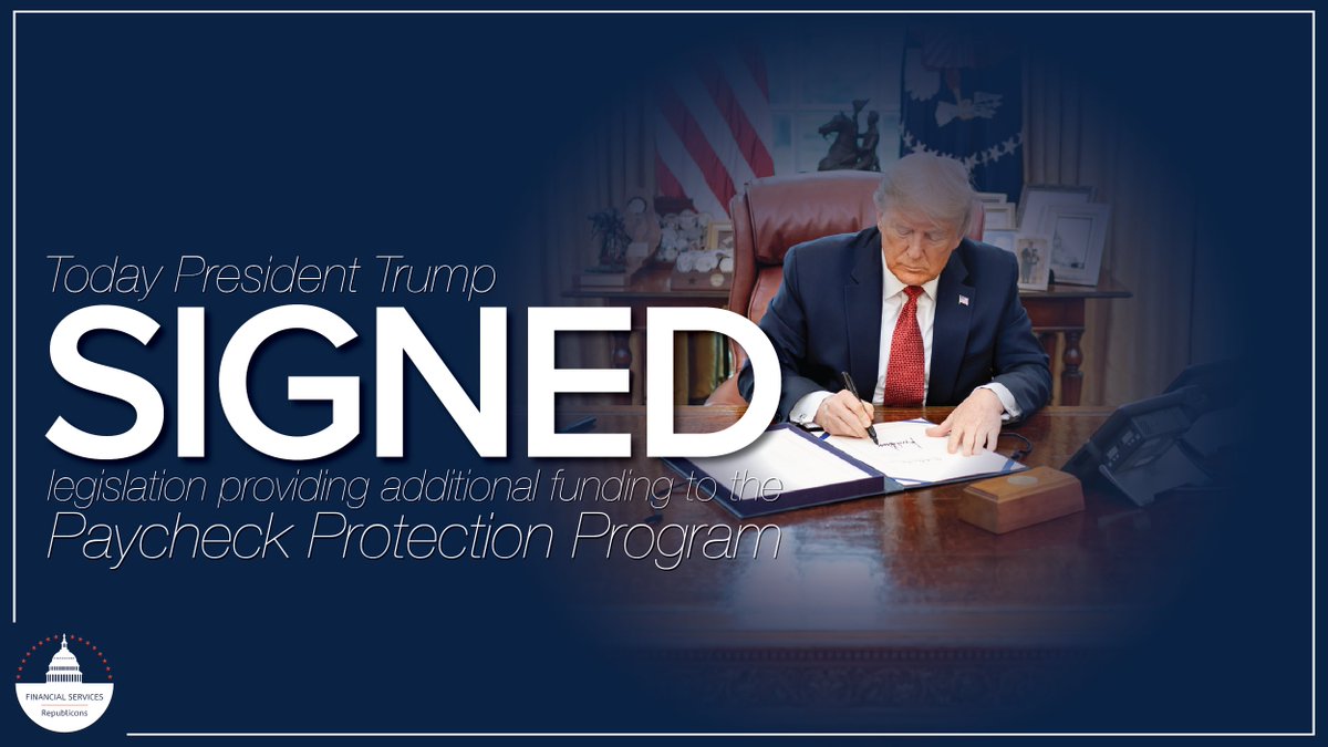 #BREAKING: President @RealDonaldTrump just signed legislation to support America’s #SmallBiz with additional #PPPLoans.
 
This lifeline has already supported more than 30 million American jobs, and now they will continue to support America’s workers through this crisis.