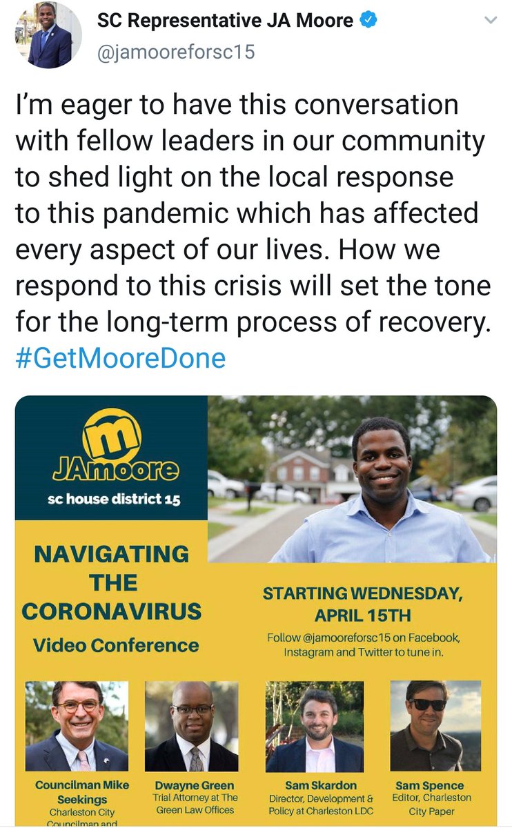 . @jamooreforsc15 has rolled up sleeves with his efforts to show appreciation to essential workers & those on the frontlines. He has also convened experts for virtual townhalls to spread  #COVID19 awareness. Thank you for your leadership!  #BlackElecteds 2/ https://twitter.com/jamooreforsc15/status/1252328940171079690?s=19