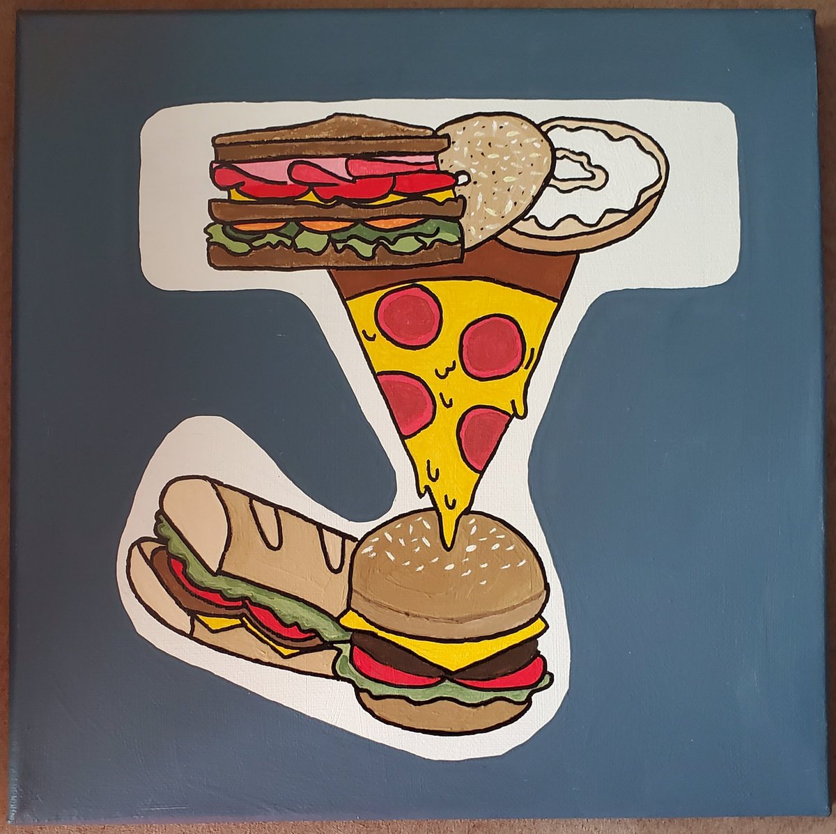 JoshVitale's tweet photo. My sister has been spending her quarantine painting. I asked her what she was making for me. She said something with food. I suggested either a club sandwich, bagel and cream cheese, pizza, burger or sub. She painted them all.

@JessVits the legend. https://t.co/TbOSvUrITt