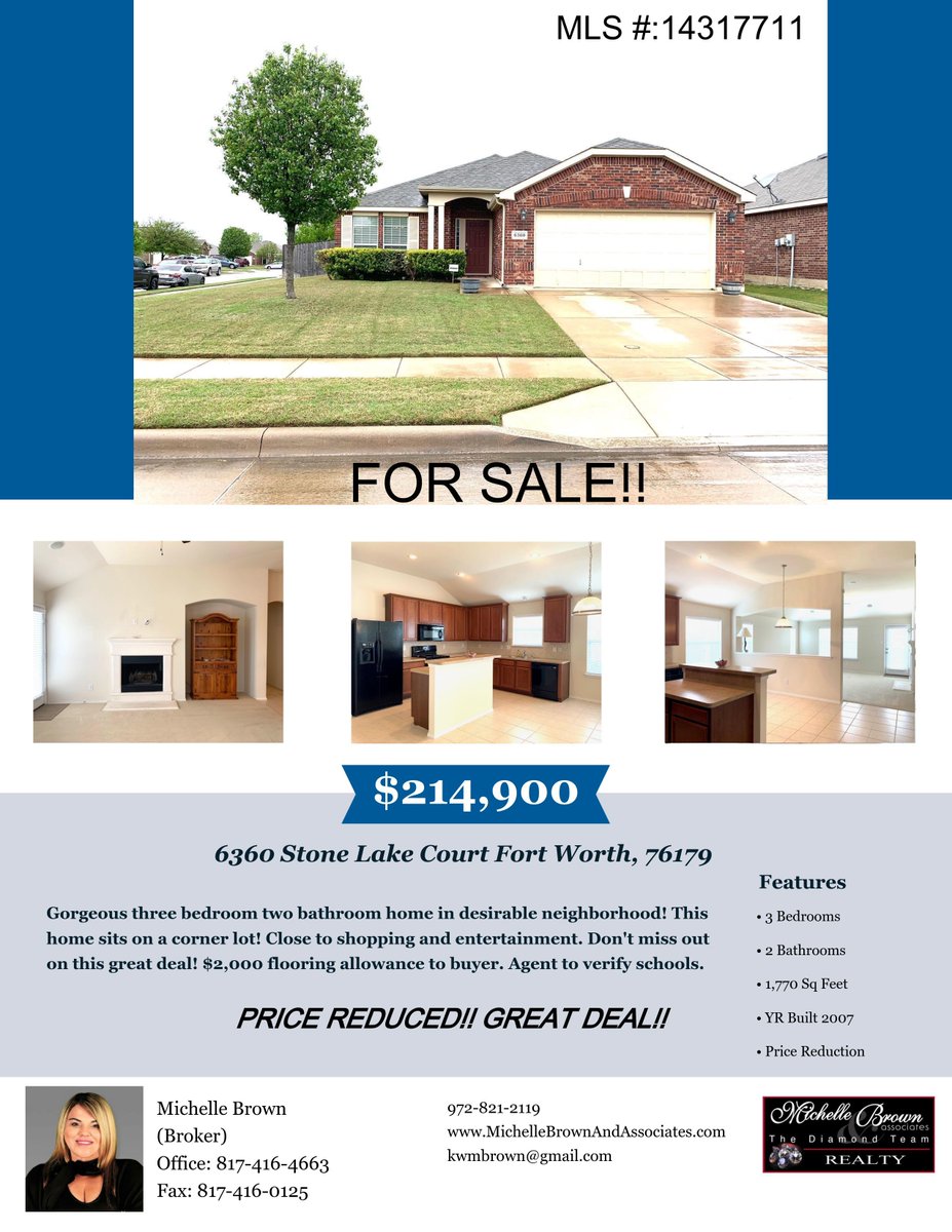 DiamondTeamRlty's tweet photo. ATTENTION DIAMONDS!!

New listing alert!! Price reduction on a charming home in a sought out neighborhood!

PLEASE SHARE!

6360 Stone Lake Court Fort Worth , 76179

3 BEDROOMS
2 BATHROOMS
1,770 SQ FT
SPACIOUS BACKYARD FOR ENTERTAINING!!

MLS# 14317711 #homeforsale https://t.co/mkg4lWwMqn