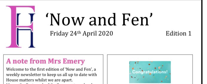 LeysFenHouse's tweet image. The first edition of our House newsletter, ‘Now and Fen’ has been sent out today. Great contributions this week from the girls after an excellent first week of summer term! #screenfreeweekend