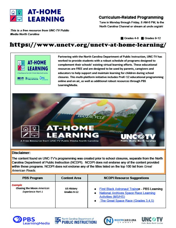 Preparing for more at-home instruction next week? UNC-TV's At-Home Learning programming information is now available for April 27-May 1!
Check out UNC-TV's learning-from-home resources here: unctv.org/unctv-at-home-…