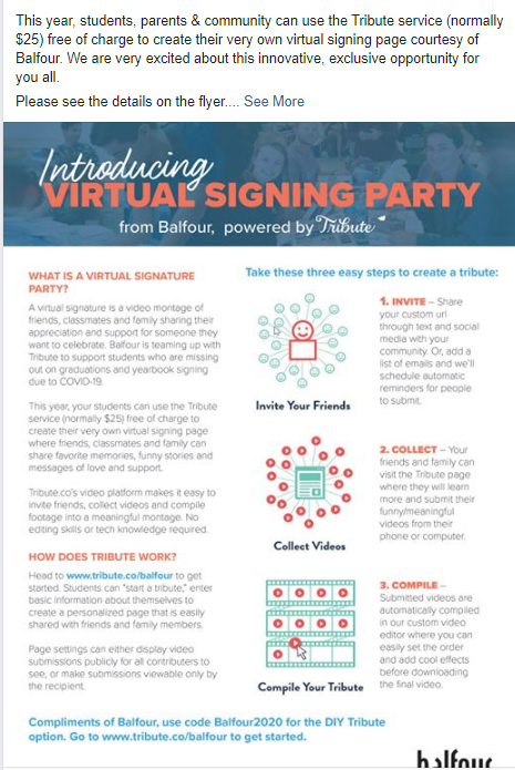 MargotComstock's tweet photo. This year, students, parents &amp; community can use the Tribute service (normally $25) free of charge to create their very own virtual signing page courtesy of Balfour. 
Please see the details on the flyer. https://t.co/dPgtpldJ2A @JVHSPress @JVTVNews https://t.co/JCaxGizjVU