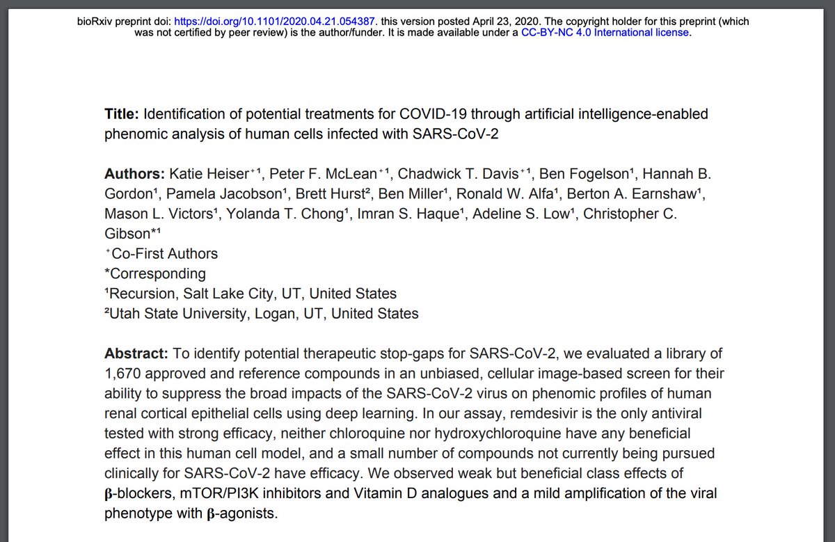 1/n: 1 month ago the team at  @RecursionPharma partnered with a Biosafety Level 3 Lab to assess if they could 1) phonemically characterize in vitro COVID19 and 2) run high throughput screens to find therapeutic candidatures as potential cures https://www.biorxiv.org/content/10.1101/2020.04.21.054387v1.full.pdf+html