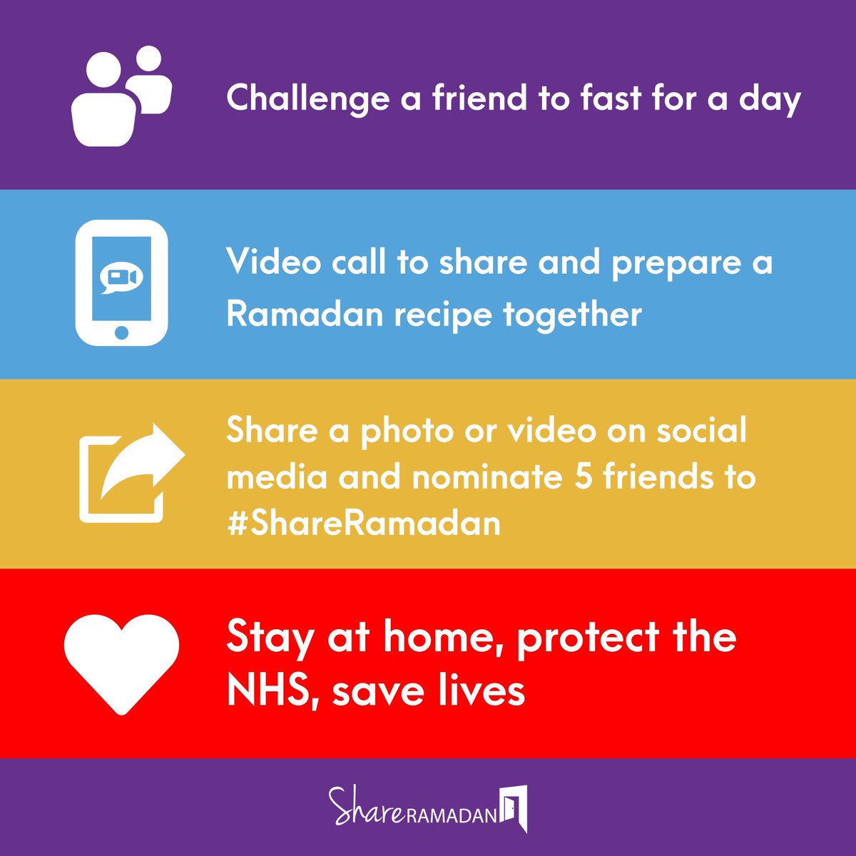 ShareRamadan's tweet photo. This #Ramadan share a special moment with a friend. 

Who will you call? Tag them 👇🏻 get a date in your diary now. 

#StayAtHome #ShareRamadan #TogetherApart https://t.co/NVxfh66xwA