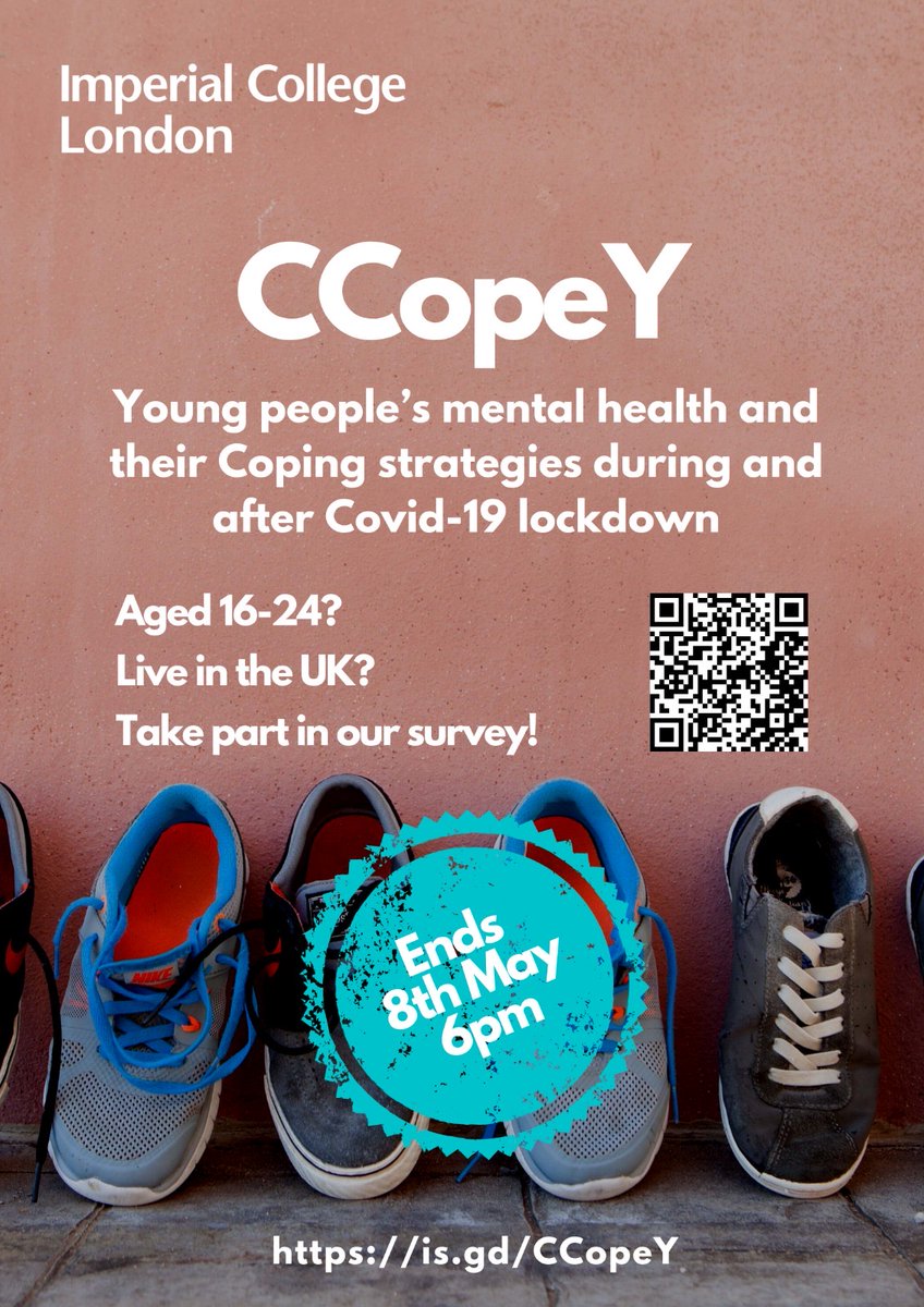 Are you 16-24 years old &amp; live in the UK?

We want to understand how #COVID19 is affecting your mental health &amp; how you're coping.

Fill out our survey &amp; enter a £50 prize draw: redcap.imperial.ac.uk/surveys/index.…

Deadline: 6pm 8th May
Run by: <a href="/imperialcollege/">Imperial College London</a>
Study name: #CCopeY
Please RT!