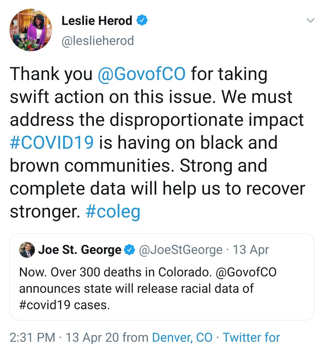 . @leslieherod successfully advocated for Colorado to track and release racial data on  #COVID19. Thank you for your leadership!  #BlackElecteds 3/