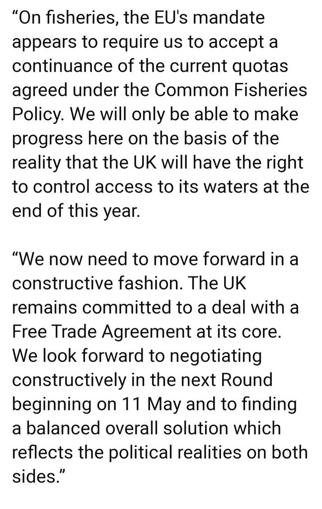 1. We have just finished a constructive Round 2 of negotiations with  @michelbarnier. Here is the UK statement. Thank you to all those on both sides  who made the Round work in these extraordinarily challenging circumstances.  https://no10media.blog.gov.uk/2020/04/24/statement-on-round-two-of-uk-eu-negotiations/