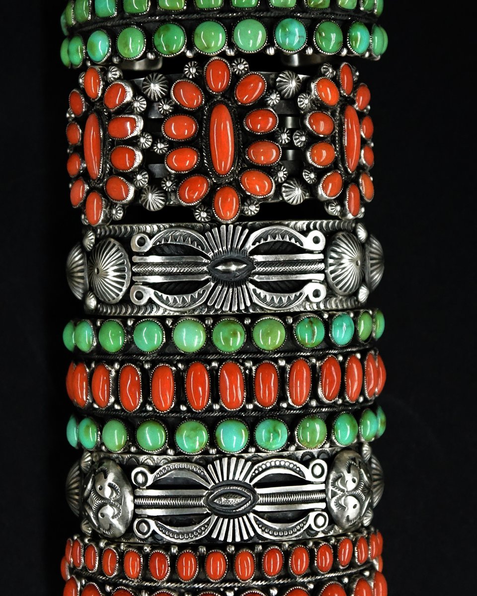 PNTradingCo's tweet photo. The latest creations of Navajo silversmith Calvin Martinez, all silver, Mediterranean Coral and Royston Turquoise. 
.
.
.
#navajojewelry #mediterraneancoral #roystonturquoise #turquoisejewelry #navajosilversmith #navajo #calvinmartinez #nativeamericanarts https://t.co/y0tqhQuFII