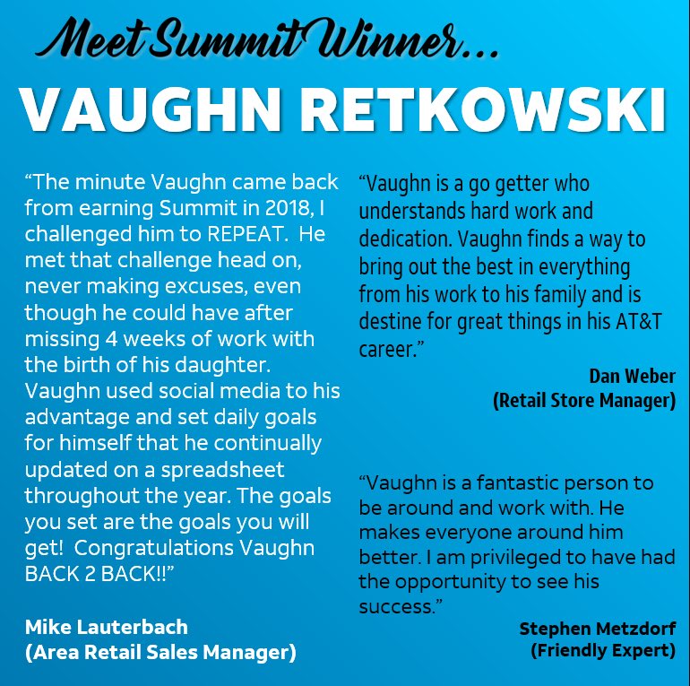 Today we start recognizing our Assistant Store Managers with our   #SummitShoutoutGLM! 

Let’s give it up for @RetkowskiVaughn! Congrats on being a back-2-back Summit winner for the <a href="/GreaterLakesMkt/">Greater Lakes Market 🌊</a>! Can’t wait to see what’s in store for you this year!

<a href="/ATT/">AT&T</a> #WeAreGLM #LifeAtATT